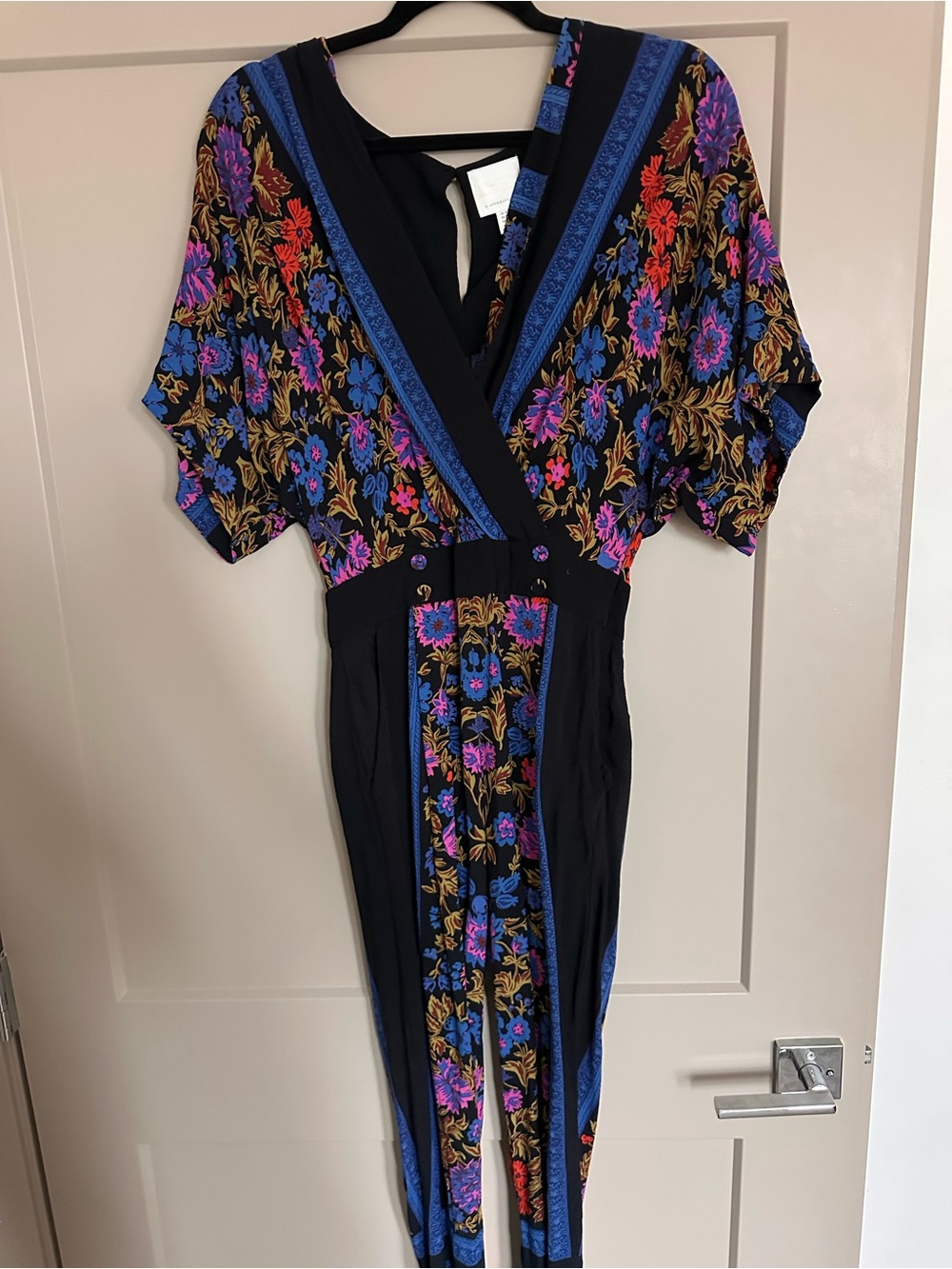 Anthropologie Black Floral Wrap-Style Women’s Jumpsuit with Blue & Purple